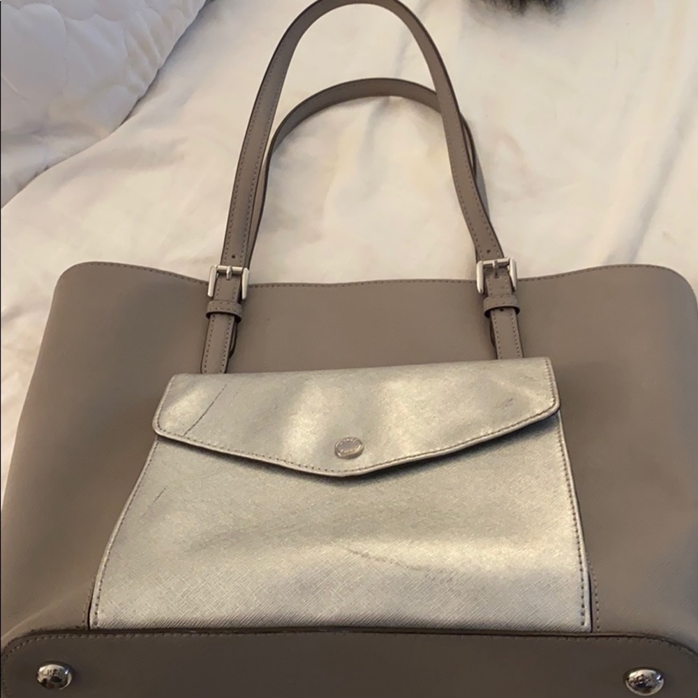 Michael Kors taupe and silver tote